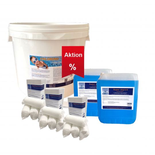 Angebot-Juli : 1 x 10kg Chlorino Chlorgranulat; 2 x 5L Algezid; 3 x 1 kg Flockmittel